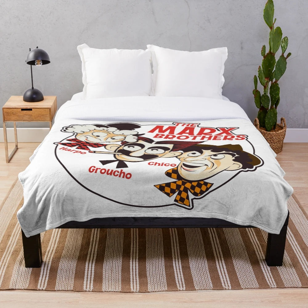 Marx Brothers inspired plush blanket with Chico, Groucho, and Harpo