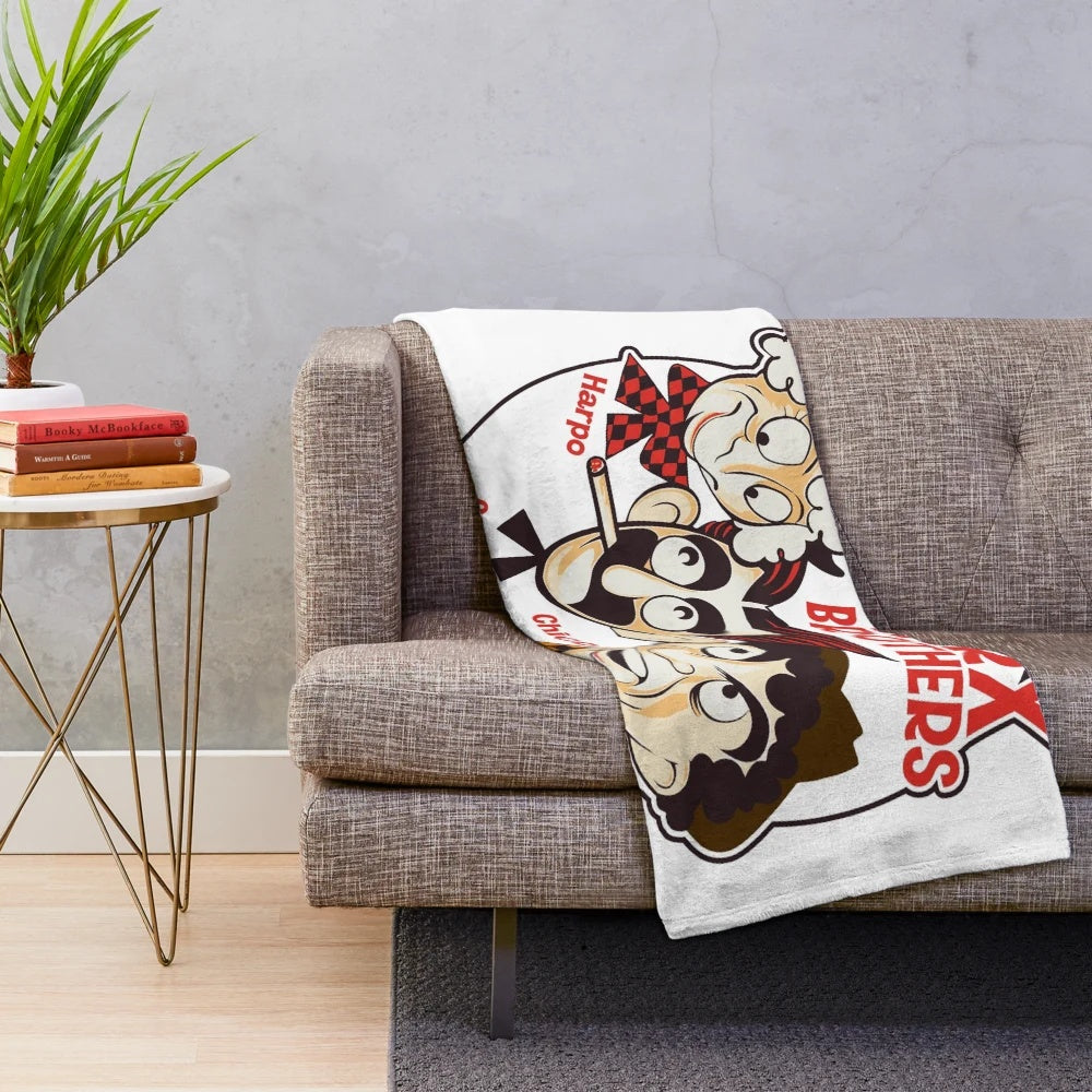 Marx Brothers inspired plush blanket with Chico, Groucho, and Harpo