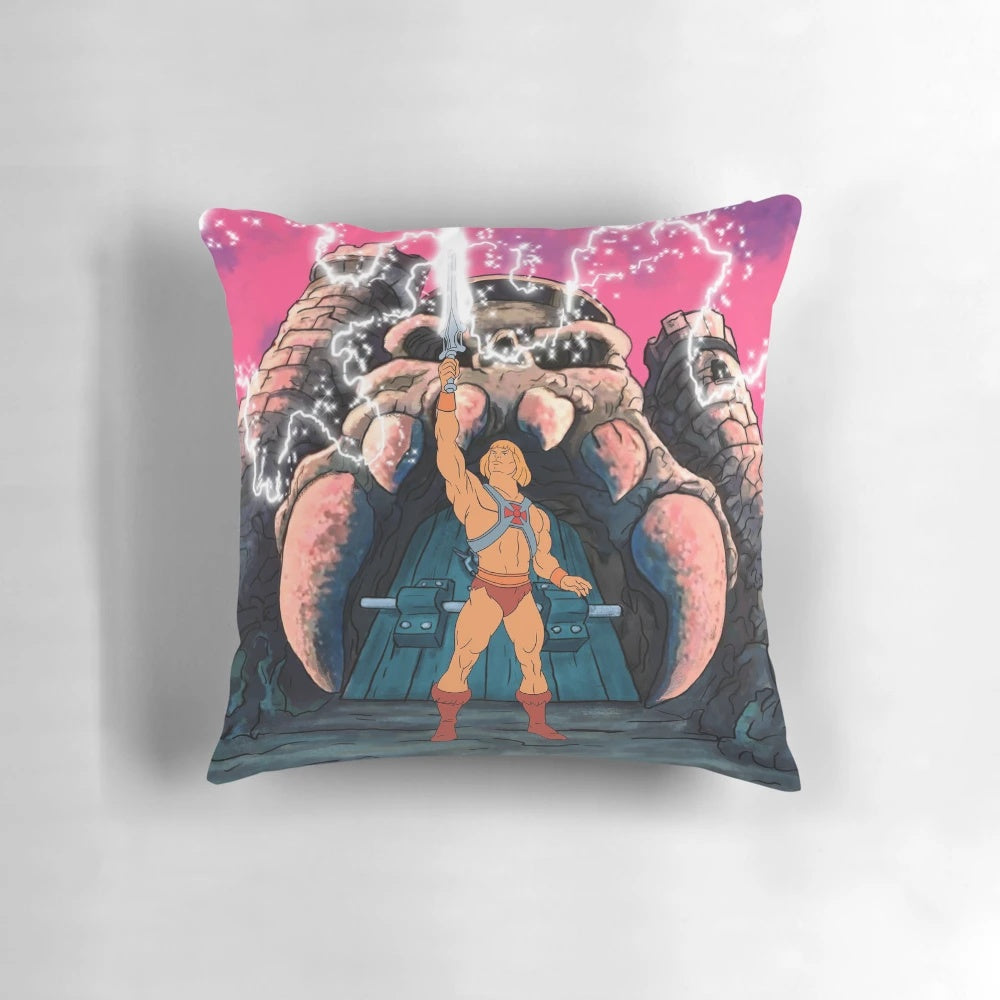 Retro Masters of the Universe inspired pillow with characters like He-Man, She-Ra, and Battlecat