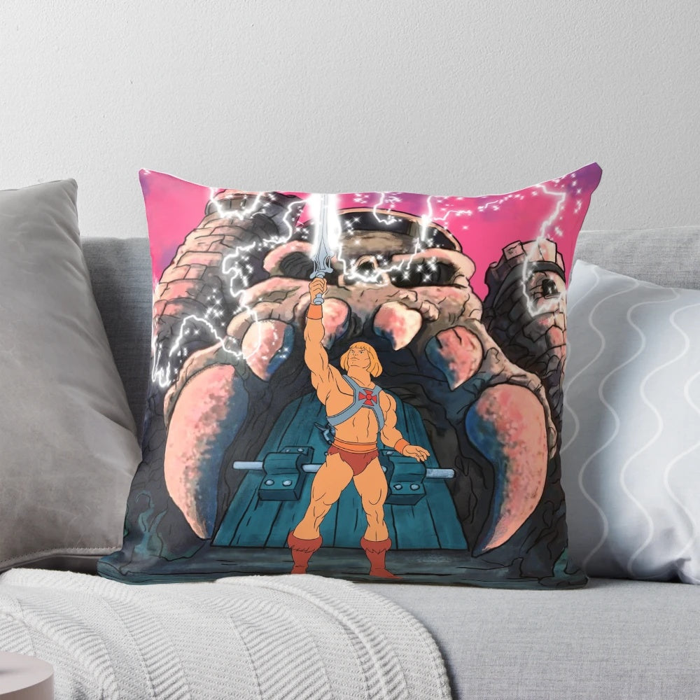 Retro Masters of the Universe inspired pillow with characters like He-Man, She-Ra, and Battlecat