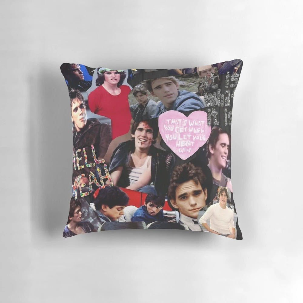 Vintage-inspired collage art pillow featuring actor Matt Dillon from the 1980s film The Outsiders
