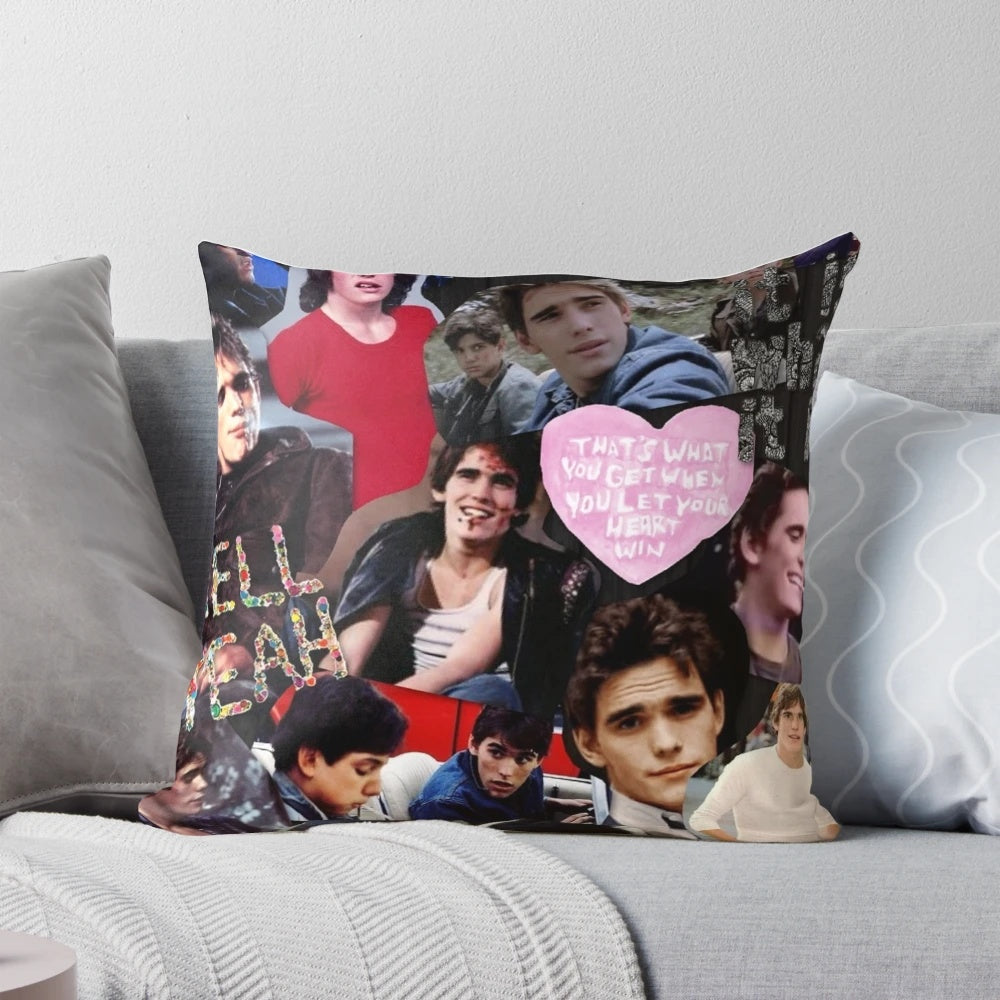 Vintage-inspired collage art pillow featuring actor Matt Dillon from the 1980s film The Outsiders