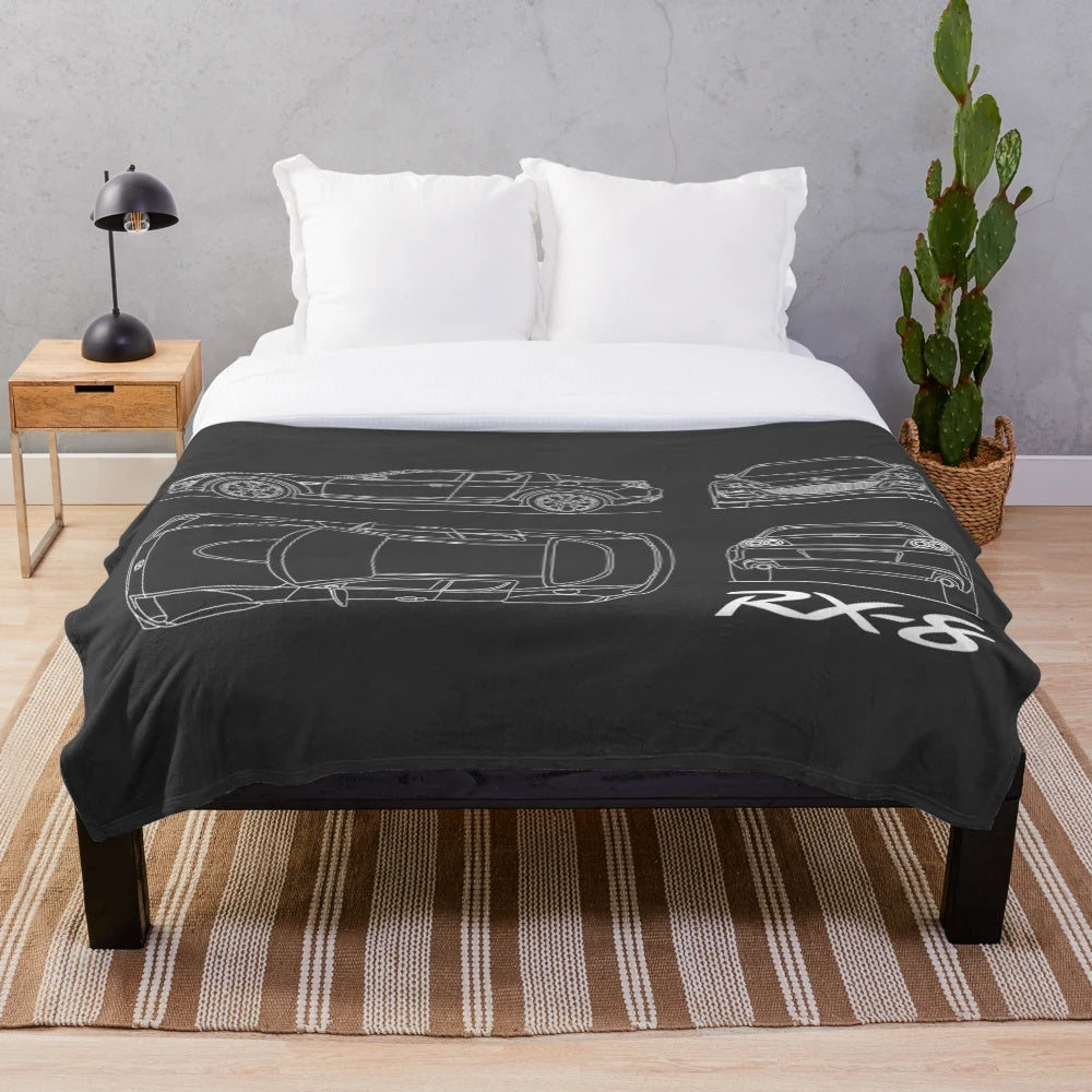 Plush Blanket Featuring a Vintage Blueprint Design of the Mazda RX-8 Sports Car