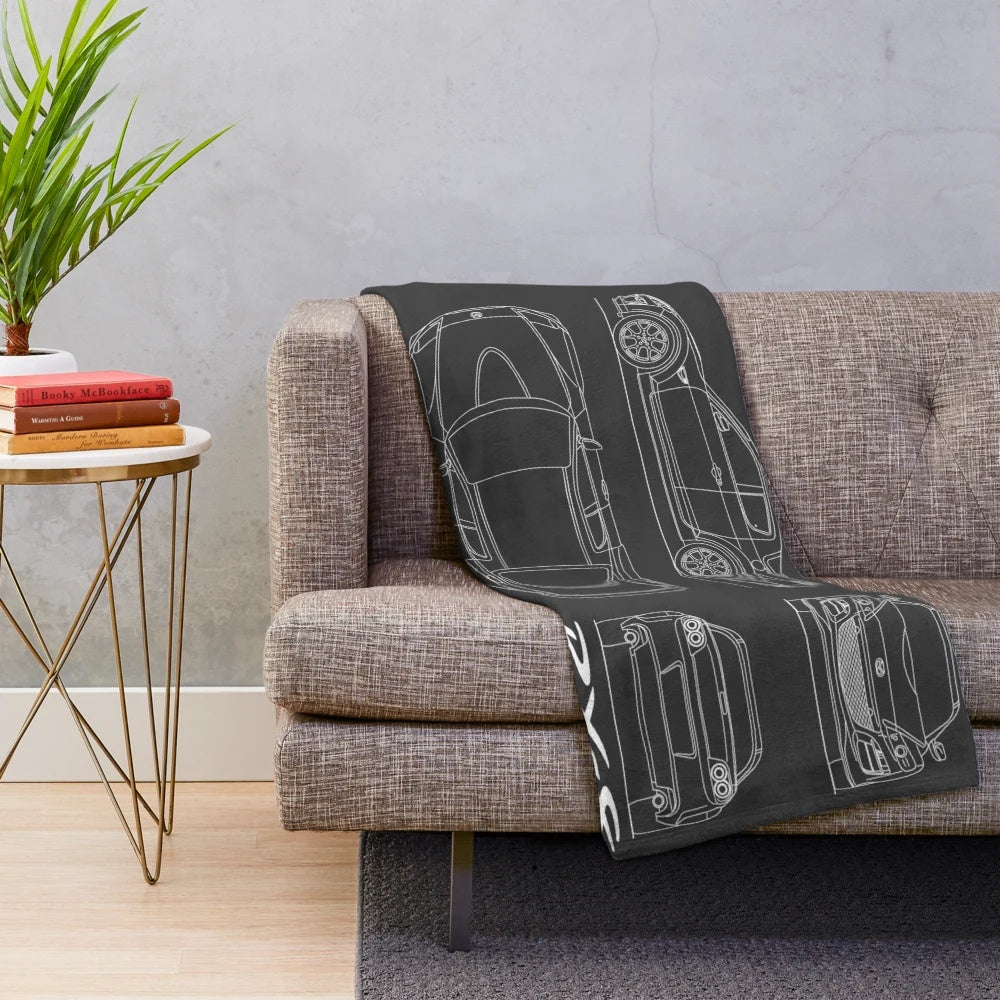 Plush Blanket Featuring a Vintage Blueprint Design of the Mazda RX-8 Sports Car