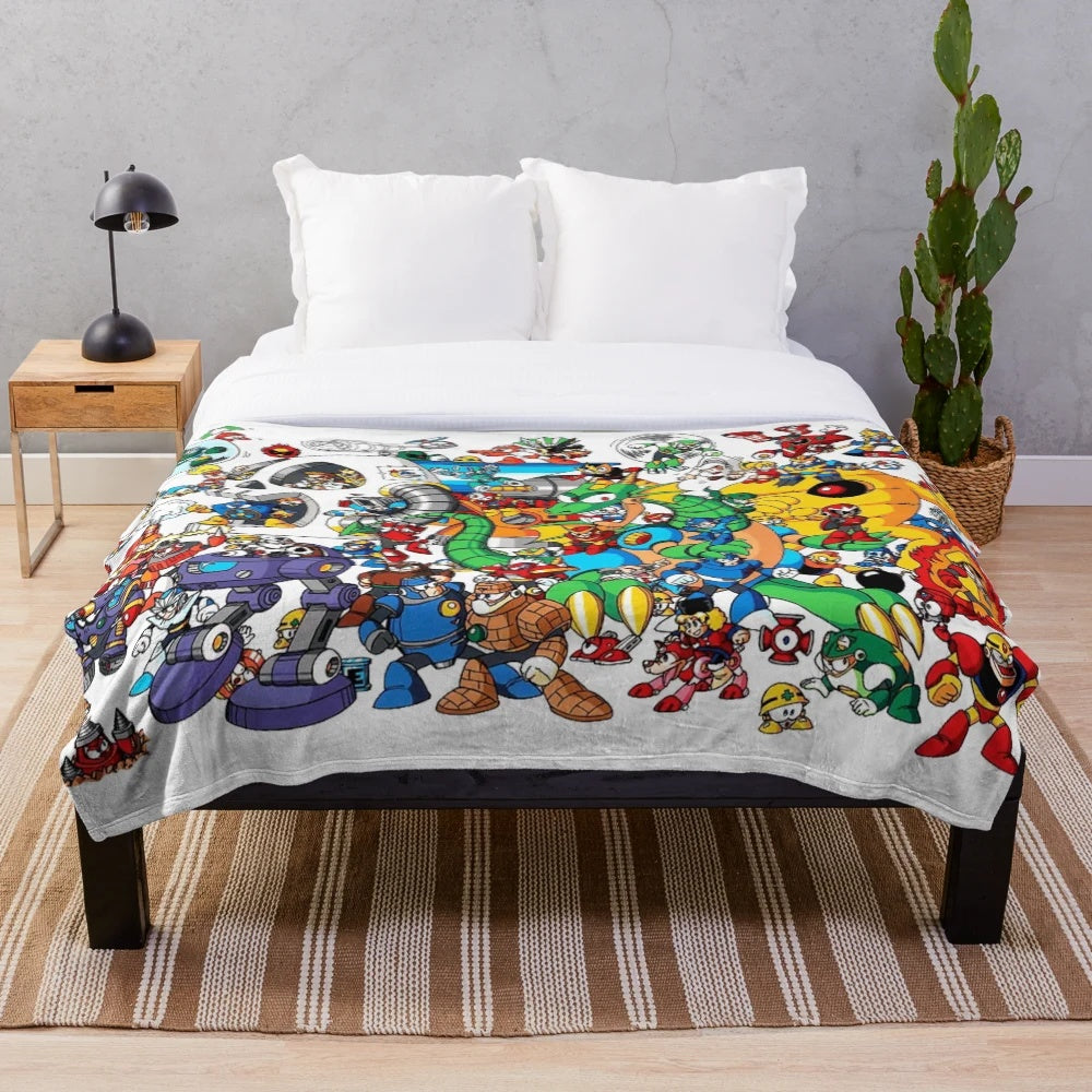 Mega Man plush blanket with classic video game characters and enemies