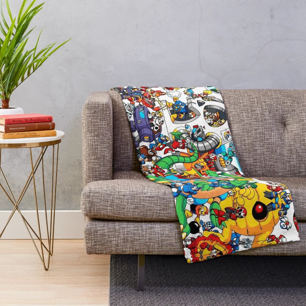 Mega Man plush blanket with classic video game characters and enemies