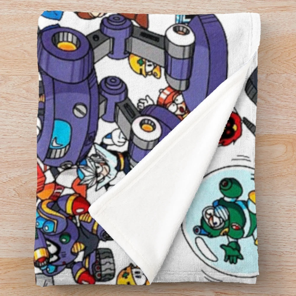 Mega Man plush blanket with classic video game characters and enemies