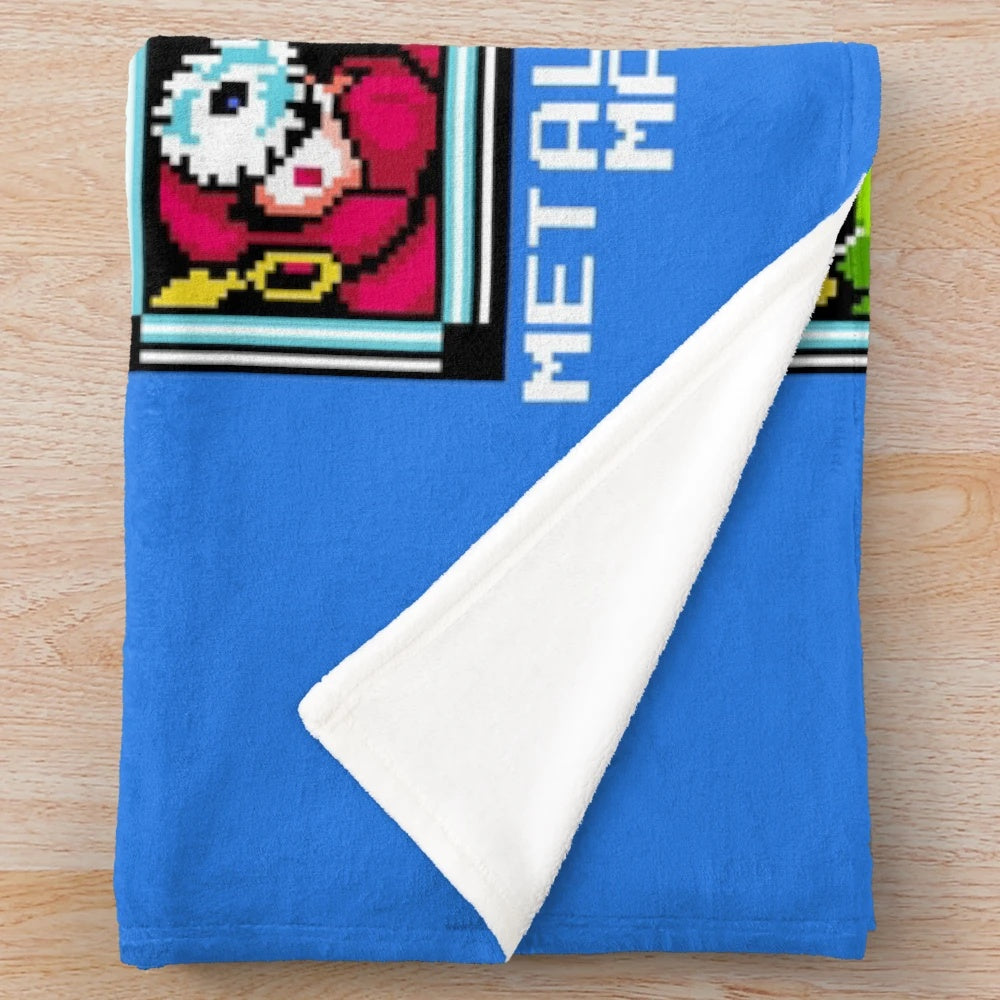 Retro Megaman 2 stage select pixel art design on a plush blanket