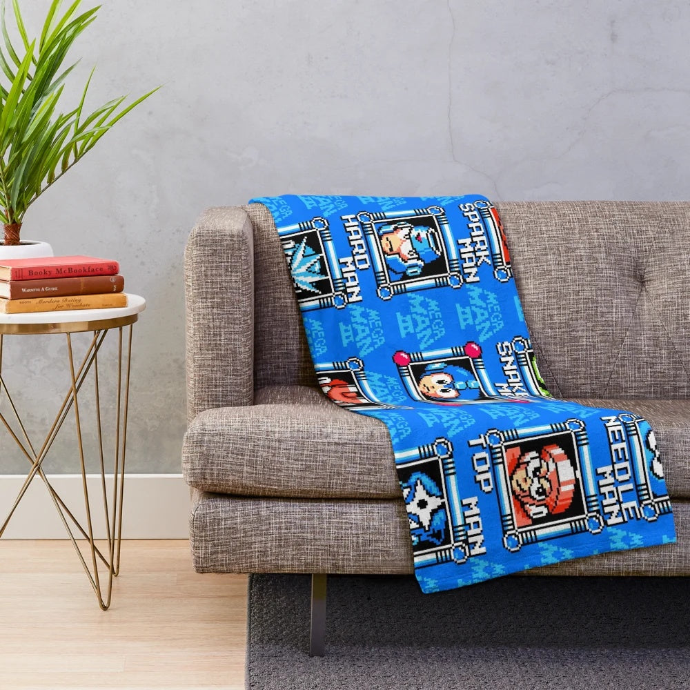 Retro Megaman 3 inspired plush blanket featuring the classic stage select screen