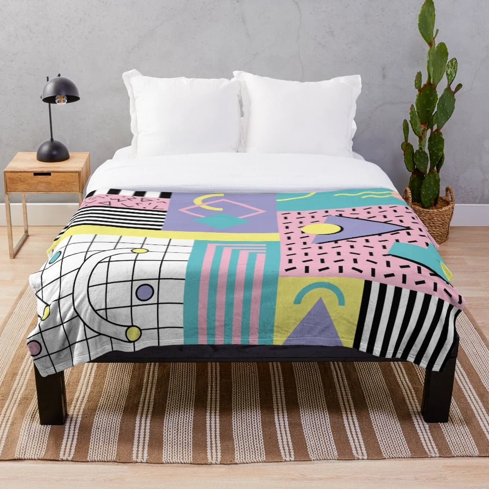 Retro Memphis pattern plush blanket in 80s and 90s inspired abstract design