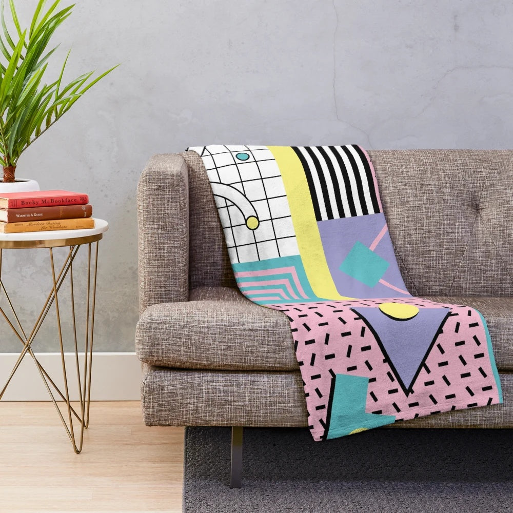 Retro Memphis pattern plush blanket in 80s and 90s inspired abstract design