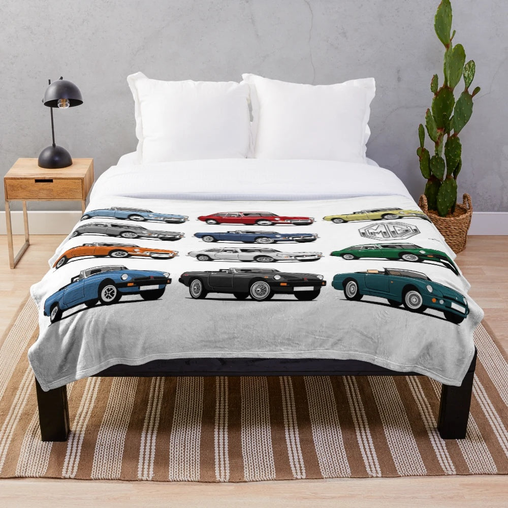 Retro MGB, MGC and RV8 inspired plush blanket featuring cartoon car designs