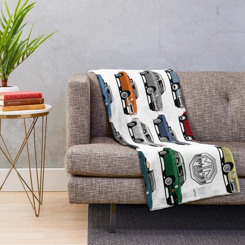 Retro MGB, MGC and RV8 inspired plush blanket featuring cartoon car designs