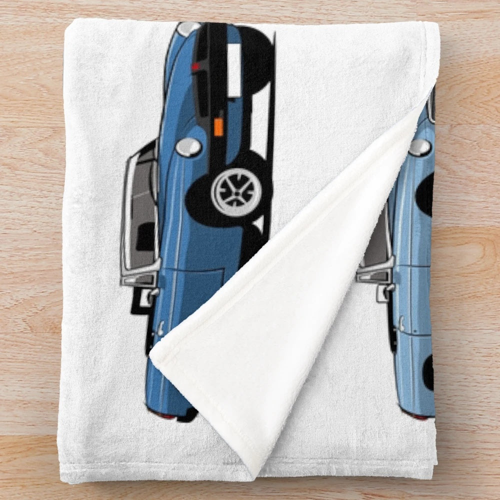 Retro MGB, MGC and RV8 inspired plush blanket featuring cartoon car designs
