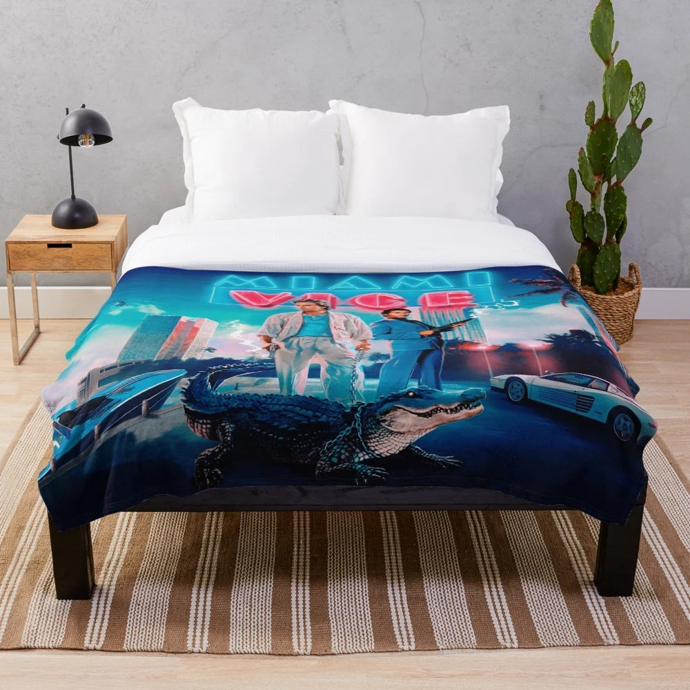 Miami Vice inspired plush blanket with retro 80s design