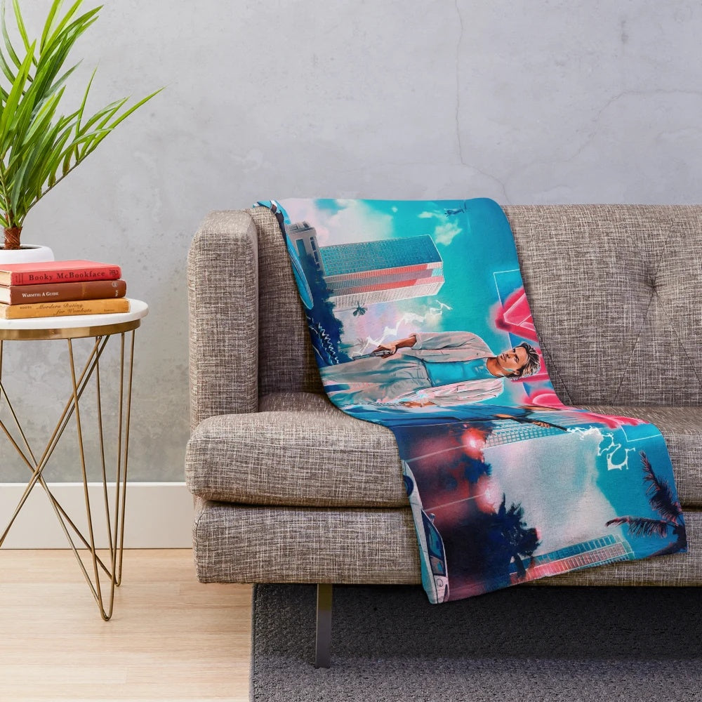 Miami Vice inspired plush blanket with retro 80s design
