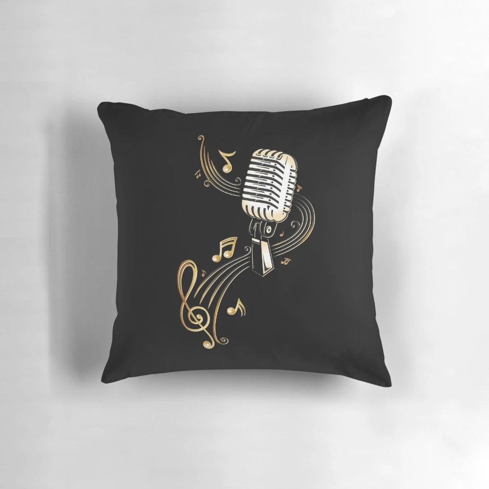 Retro microphone with music notes and clef printed on a decorative pillow
