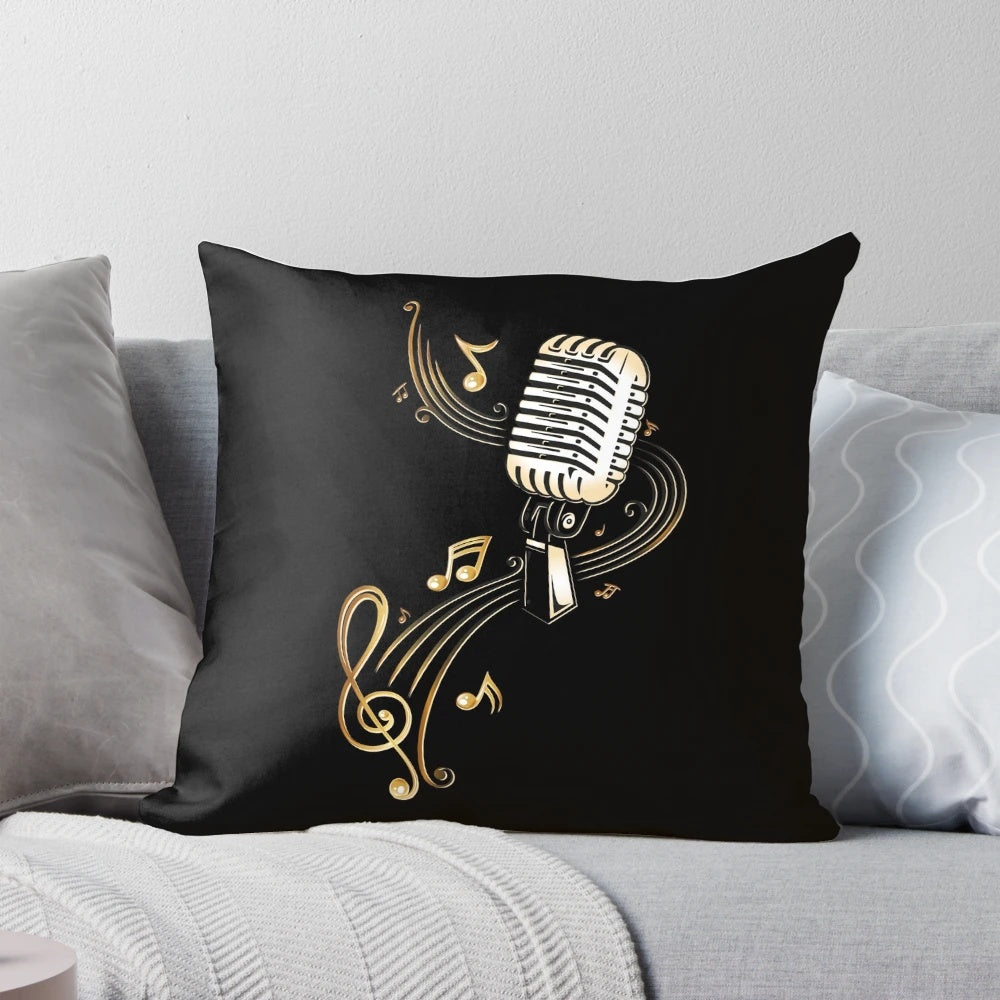 Retro microphone with music notes and clef printed on a decorative pillow