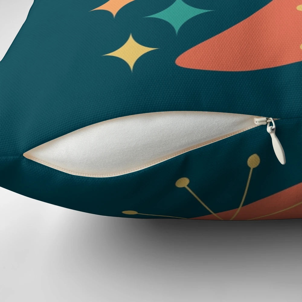 Retro mid century modern charcoal gray throw pillow with atomic age starburst design