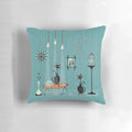 Mid century modern cat pillow with a vibrant atomic-inspired sunburst design and retro cat artwork