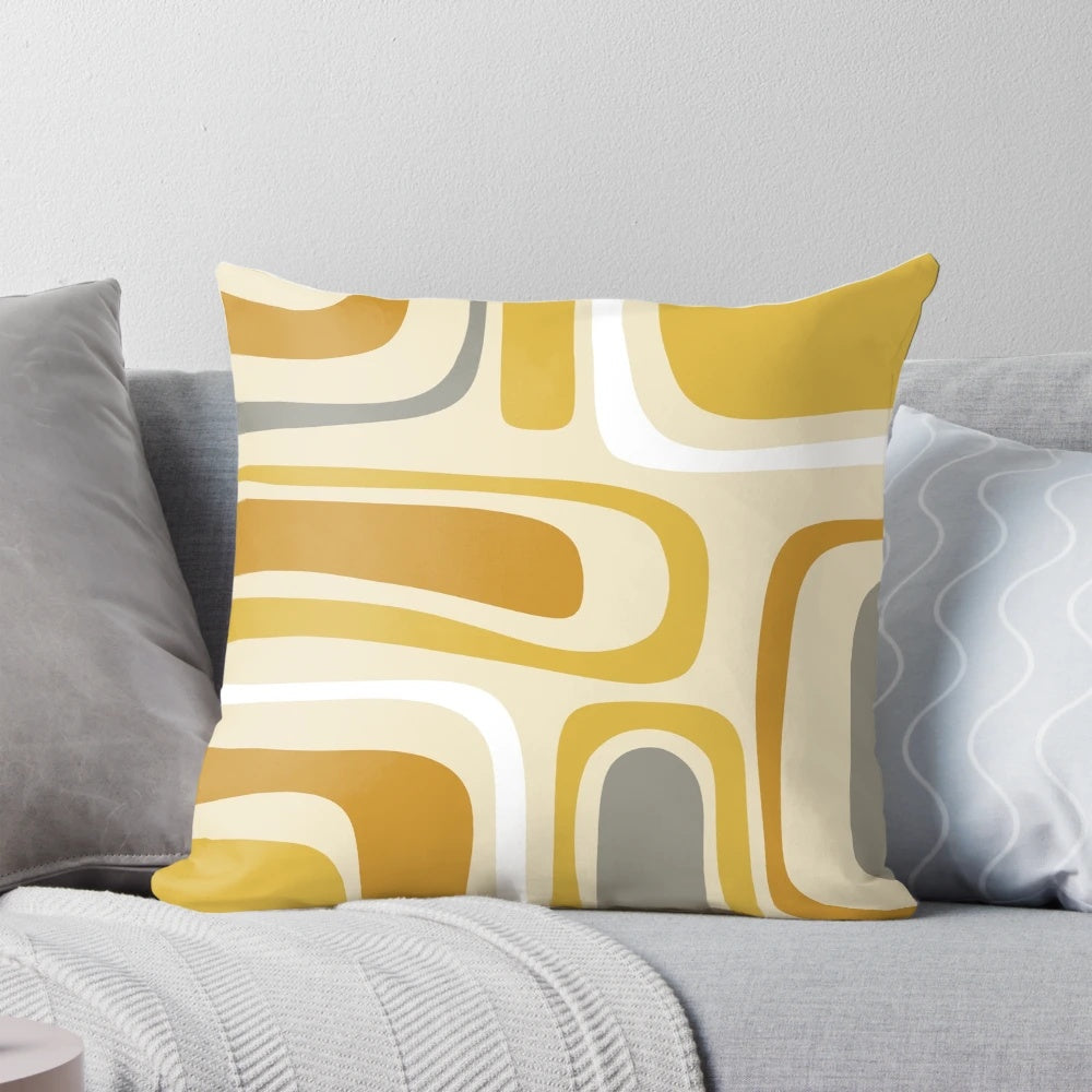 Retro mid-century modern abstract pattern mustard, ochre, and grey decorative throw pillow