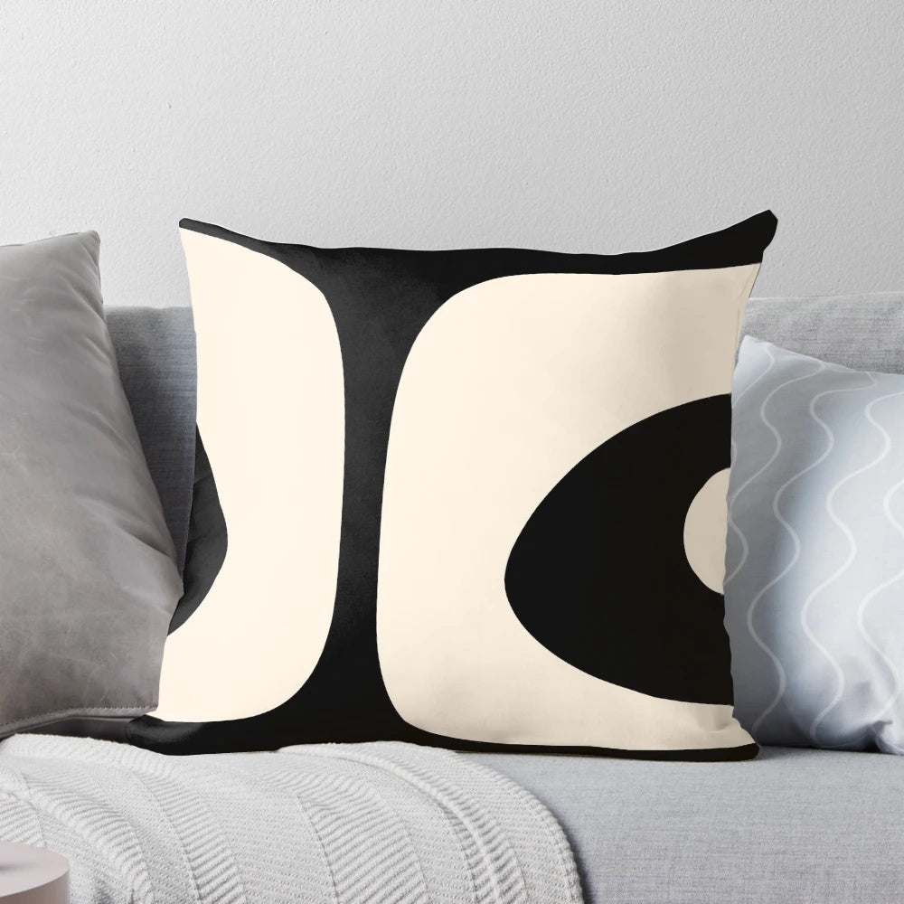 Retro Mid Century Modern Abstract Patterned Pillow in Black and Cream