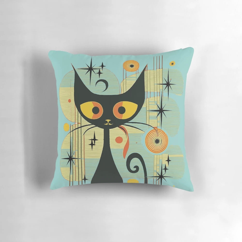 Mid-century modern atomic cat pillow with a retro black cat design