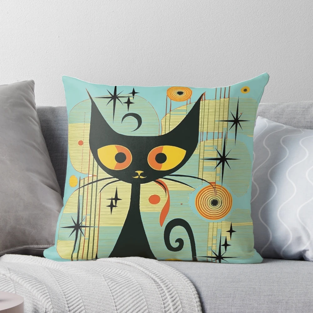 Mid-century modern atomic cat pillow with a retro black cat design
