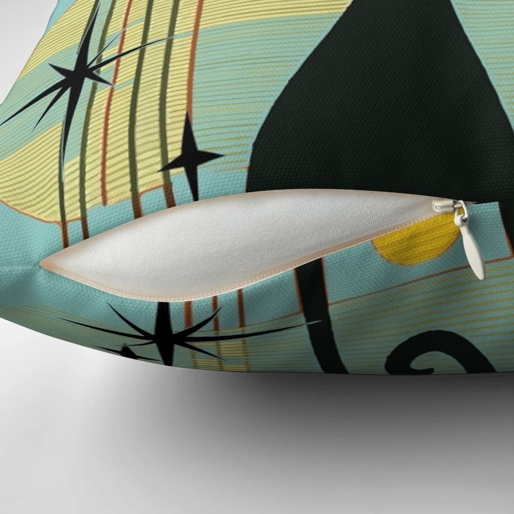 Mid-century modern atomic cat pillow with a retro black cat design