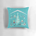 Retro holiday decorating pillow with mid century modern and atomic era inspired designs, including cats, birds, and classic Christmas elements.