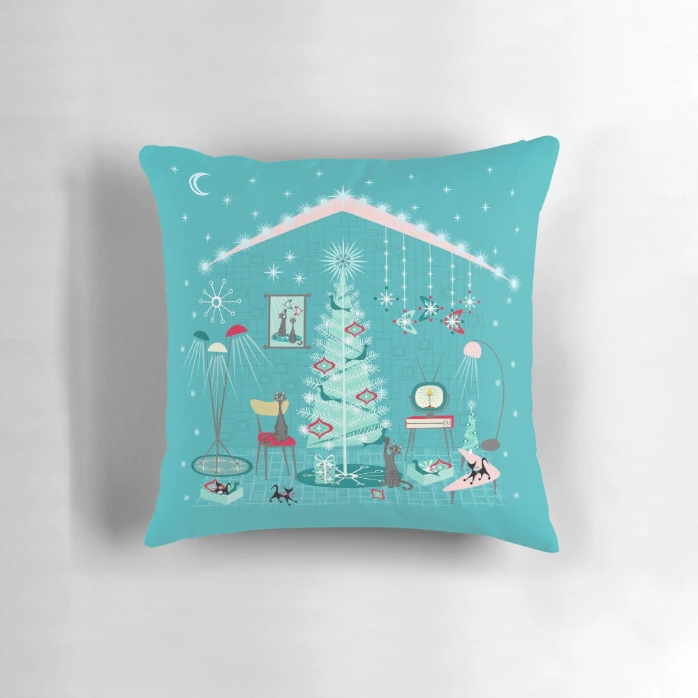 Retro holiday decorating pillow with mid century modern and atomic era inspired designs, including cats, birds, and classic Christmas elements.