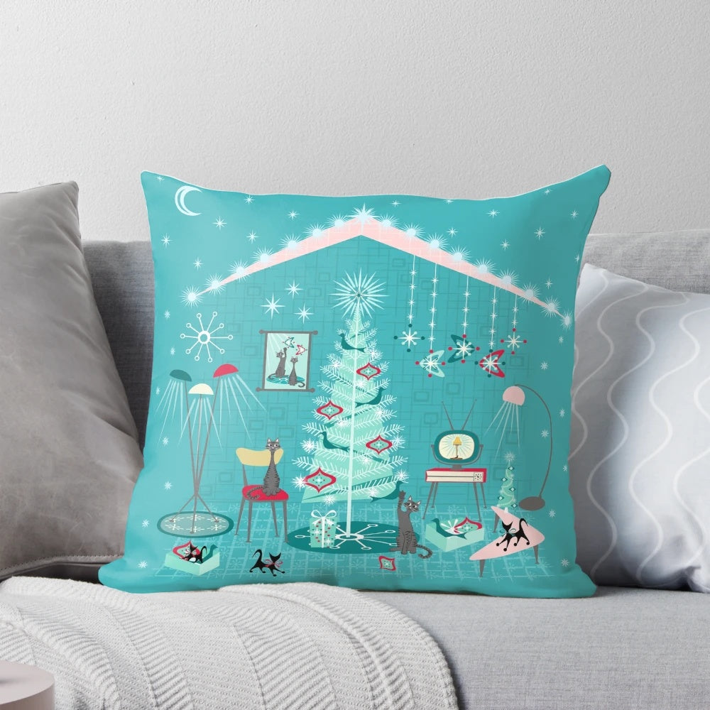 Retro holiday decorating pillow with mid century modern and atomic era inspired designs, including cats, birds, and classic Christmas elements.