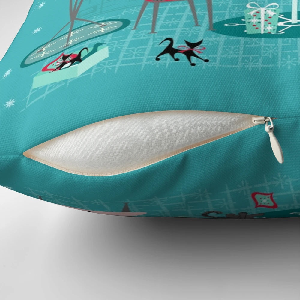 Retro holiday decorating pillow with mid century modern and atomic era inspired designs, including cats, birds, and classic Christmas elements.