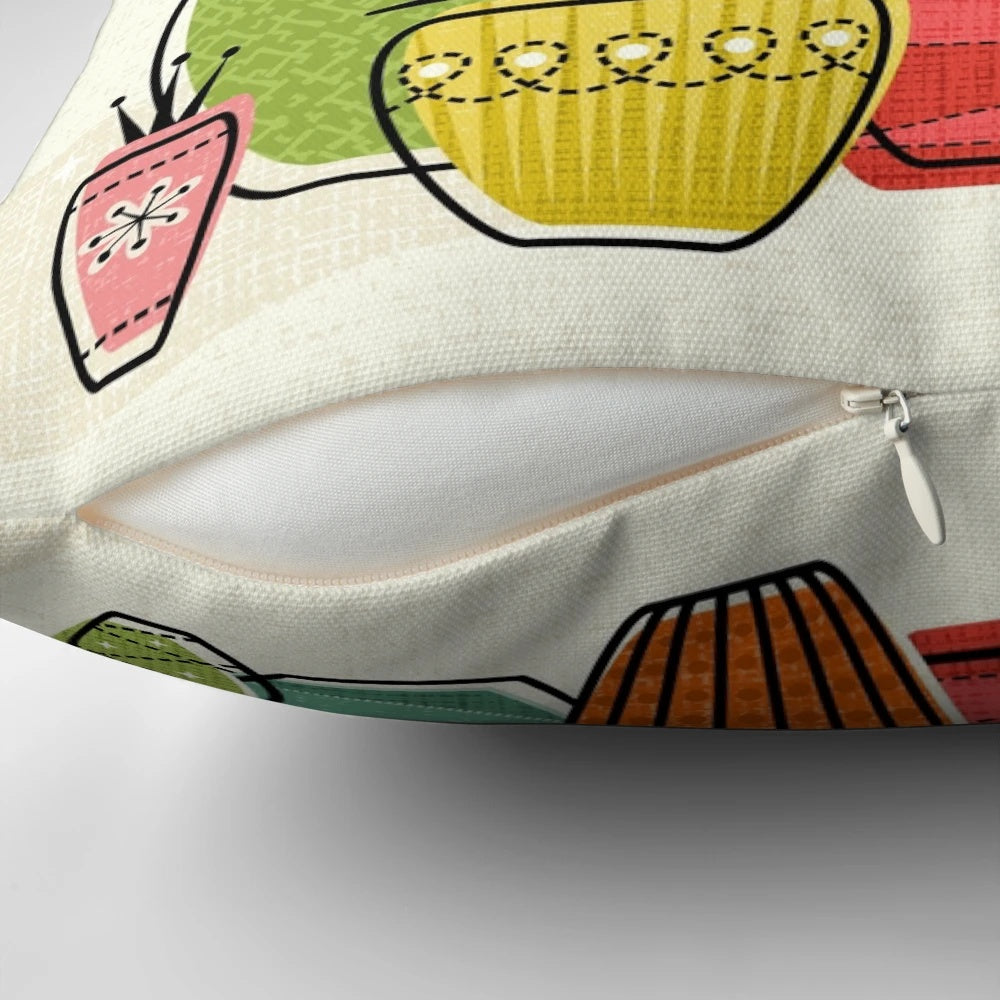 A decorative throw pillow featuring a vintage-inspired illustration of a black cat among houseplants and atomic flowers.