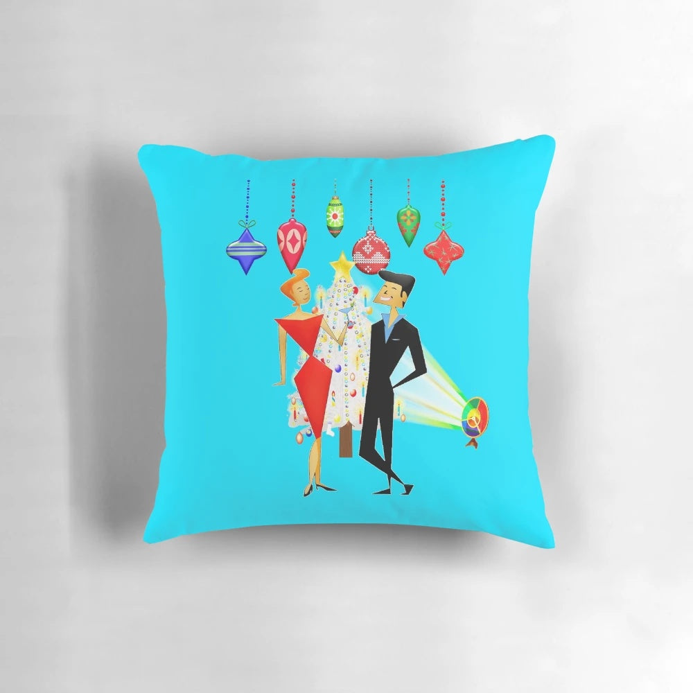 Mid century modern-style Christmas pillow with retro holiday patterns and colors