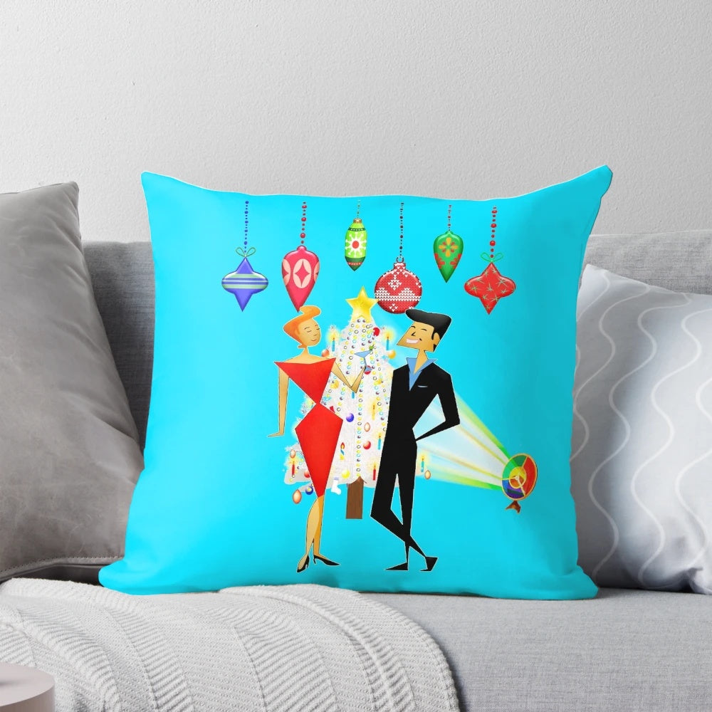 Mid century modern-style Christmas pillow with retro holiday patterns and colors