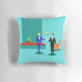 Vibrant pillow featuring a fun, retro-inspired illustration of a loving gay couple in a mid century modern interior.