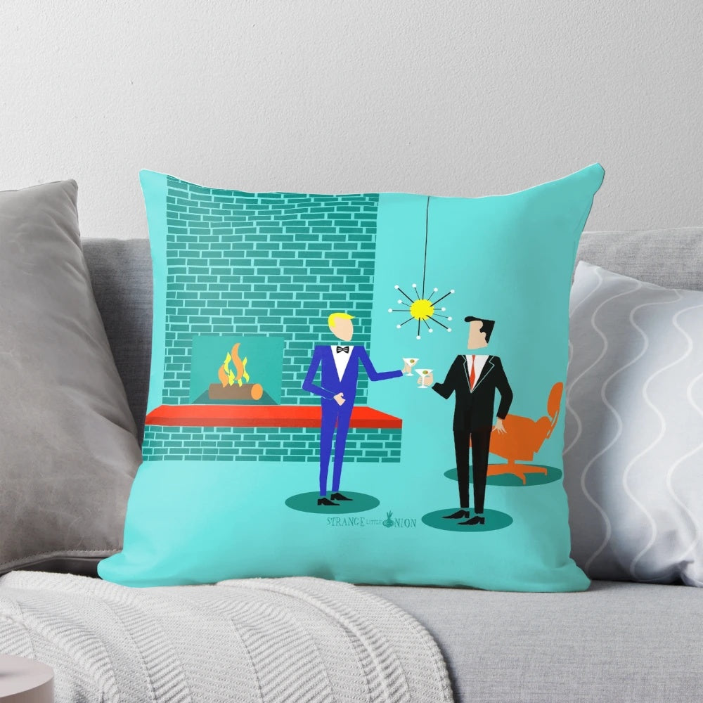 Vibrant pillow featuring a fun, retro-inspired illustration of a loving gay couple in a mid century modern interior.