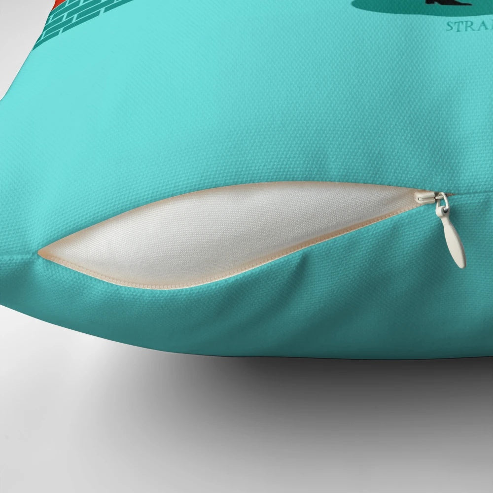 Vibrant pillow featuring a fun, retro-inspired illustration of a loving gay couple in a mid century modern interior.