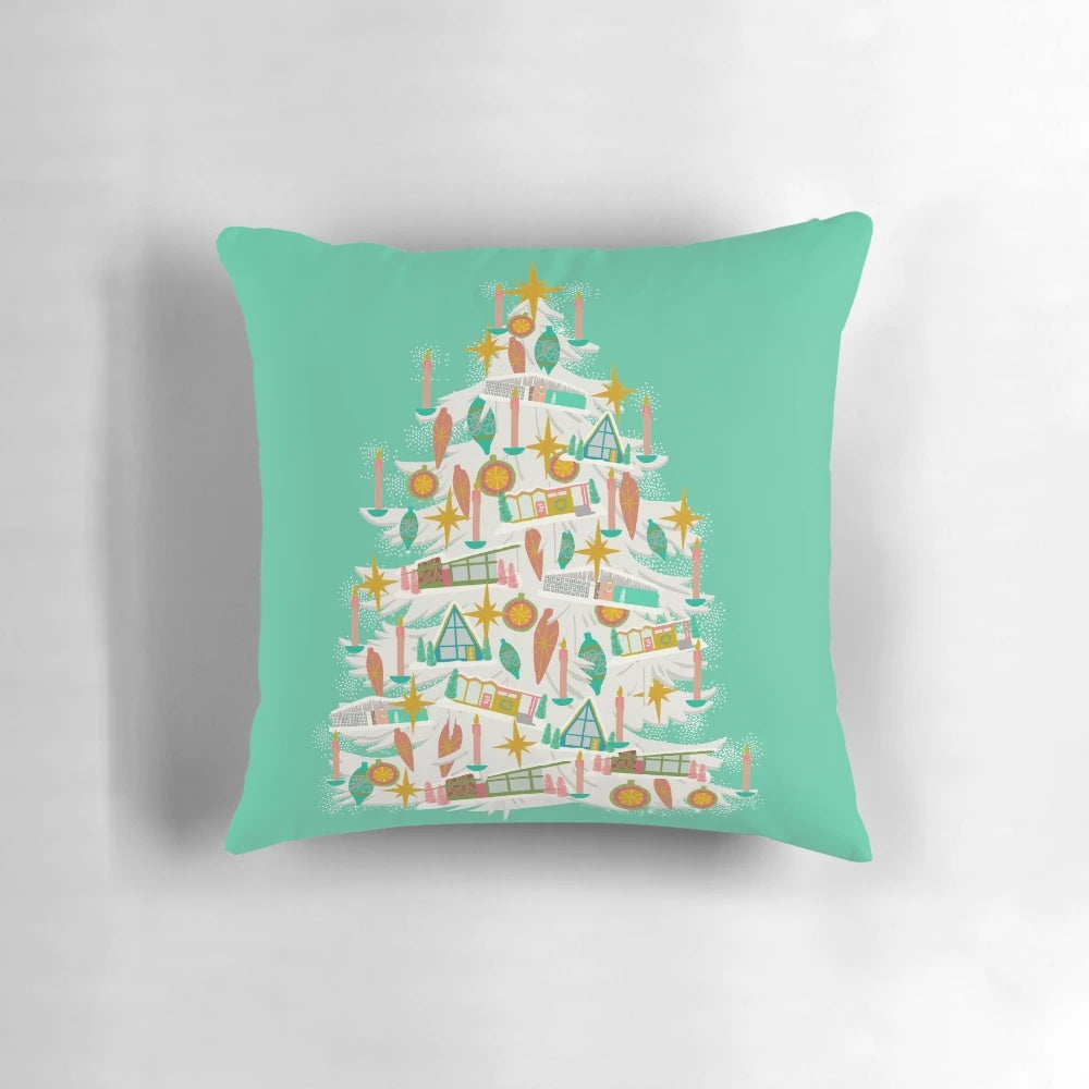 Vintage-inspired mid century modern miniature house Christmas tree pillow