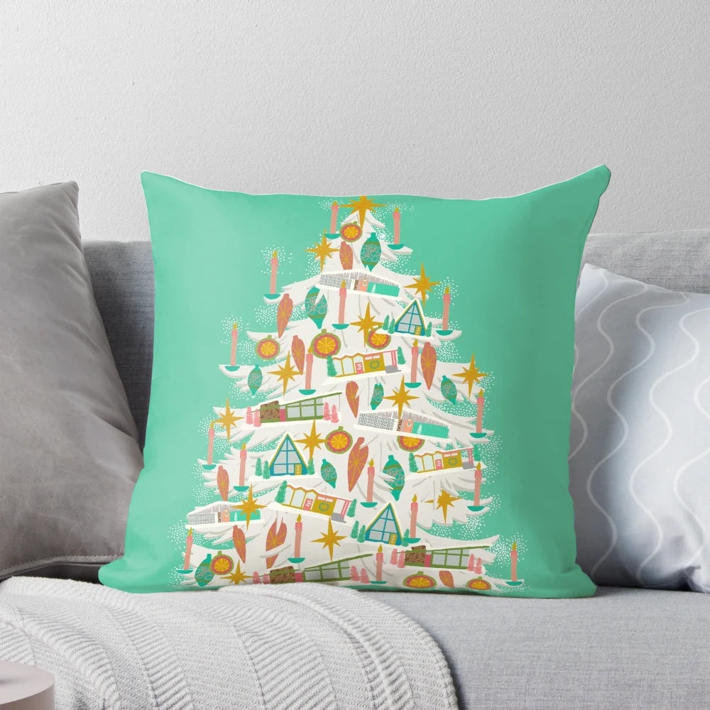 Vintage-inspired mid century modern miniature house Christmas tree pillow