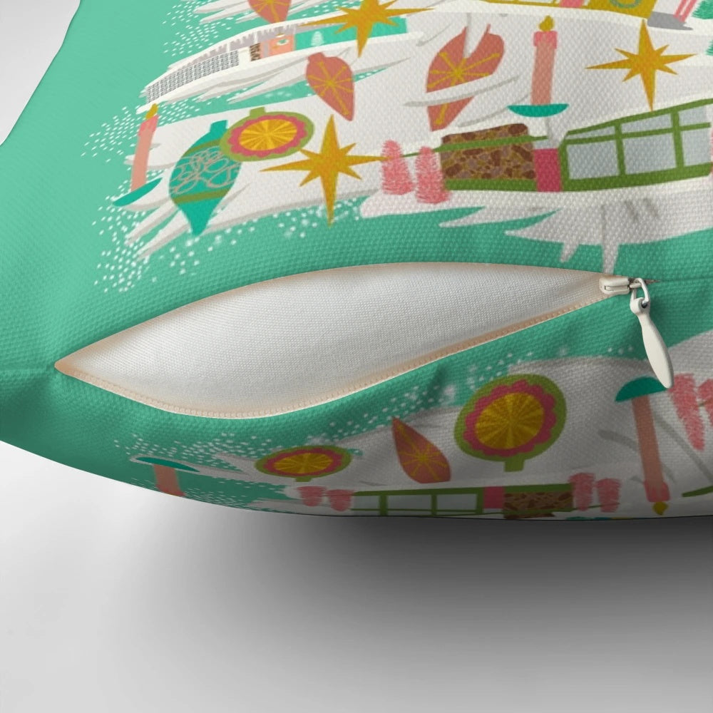 Vintage-inspired mid century modern miniature house Christmas tree pillow