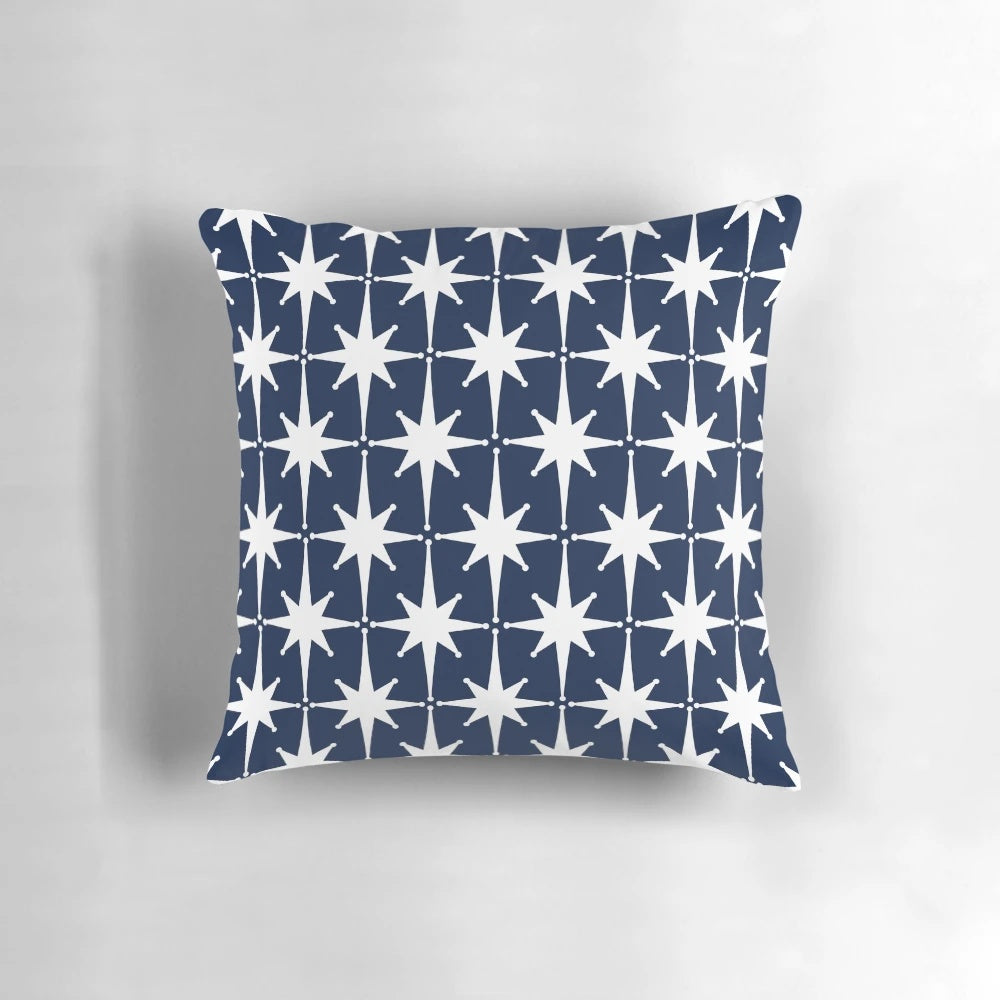 Vintage-inspired mid-century modern navy blue and white starburst pattern nautical throw pillow