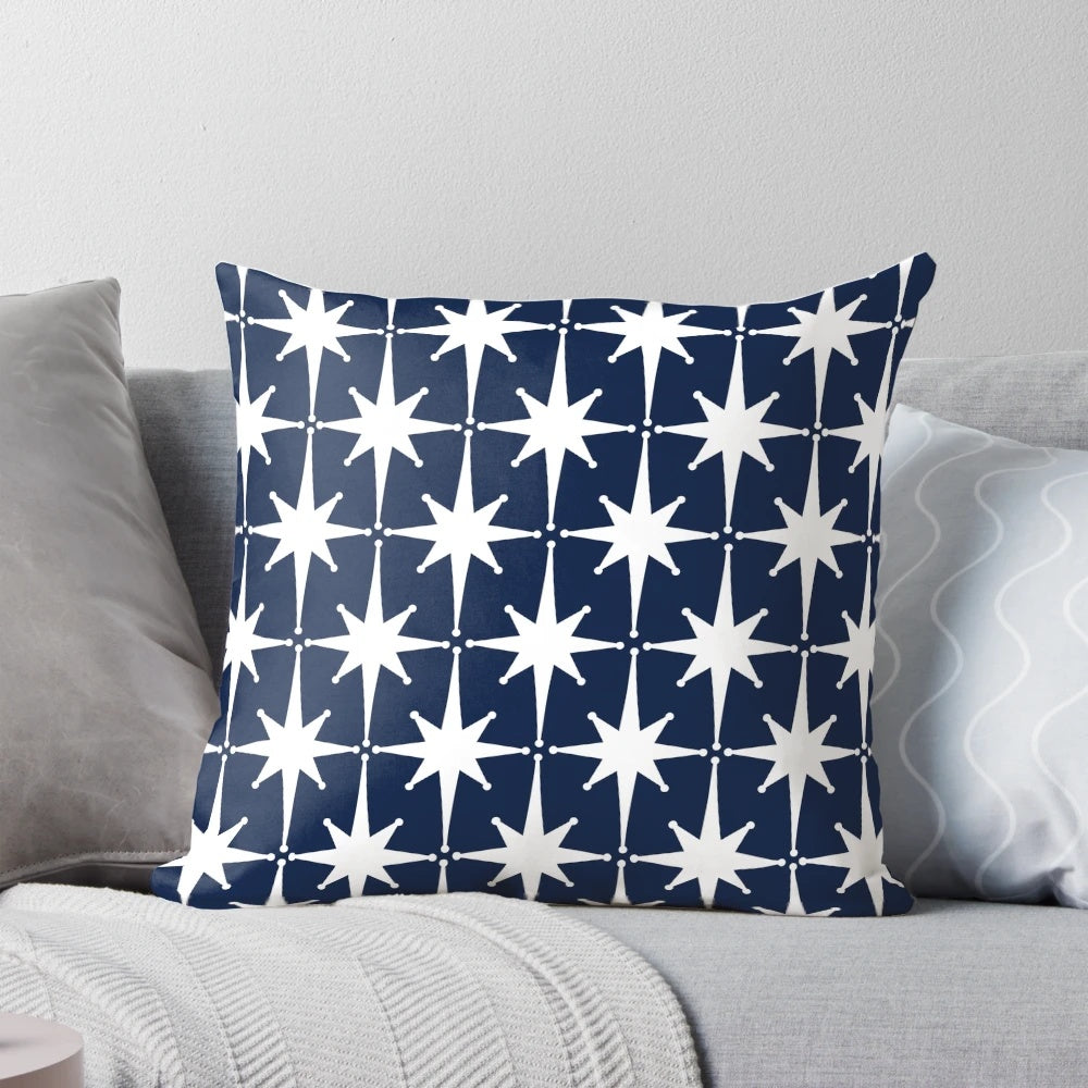 Vintage-inspired mid-century modern navy blue and white starburst pattern nautical throw pillow