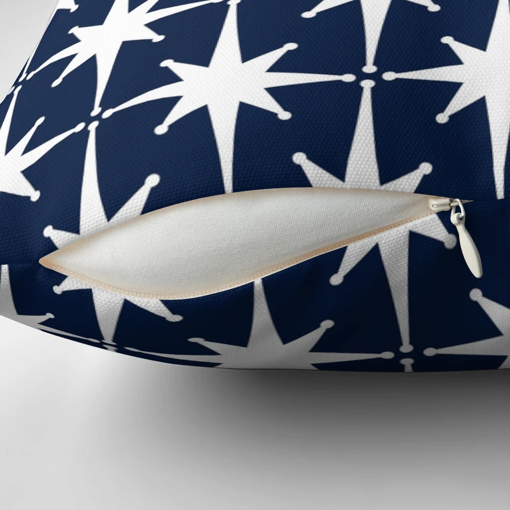 Vintage-inspired mid-century modern navy blue and white starburst pattern nautical throw pillow