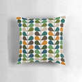 Retro mid-century modern patterned throw pillow in shades of blue, orange, and white.