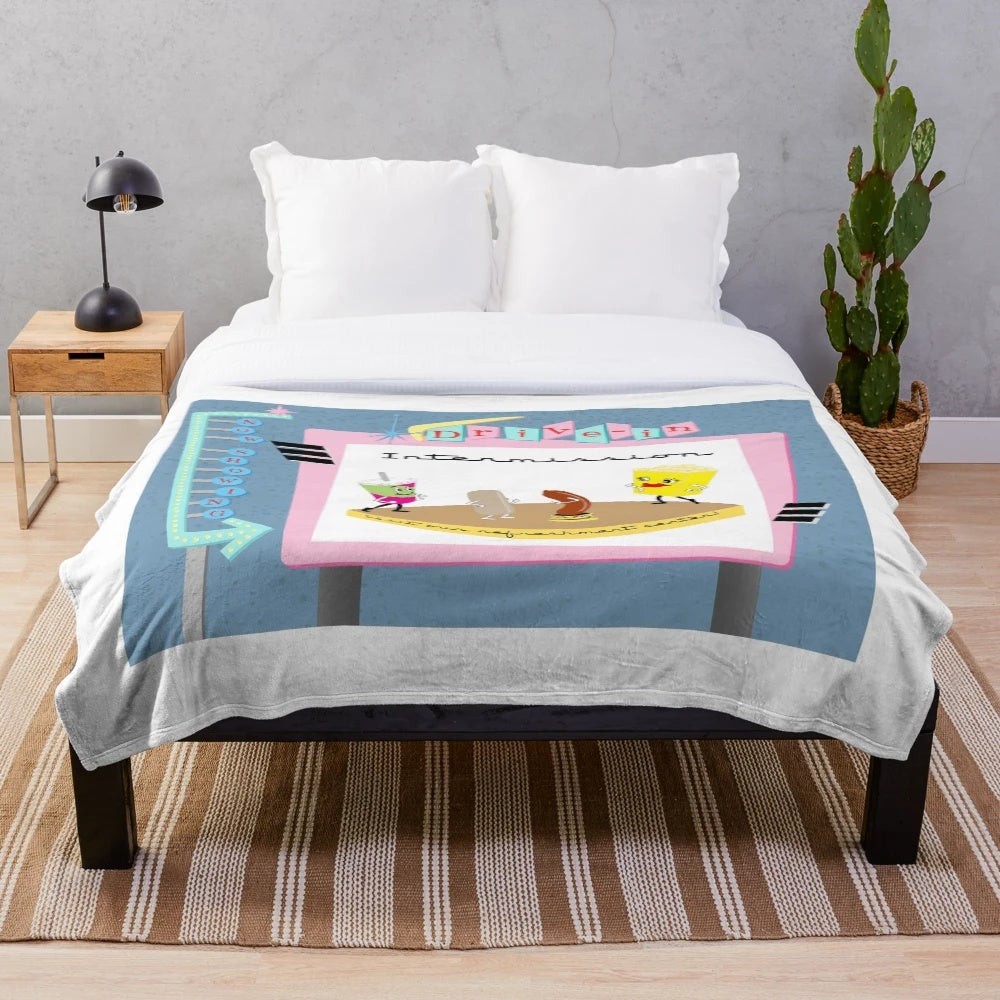 Retro mid-century modern plush blanket with drive-in movie theater design
