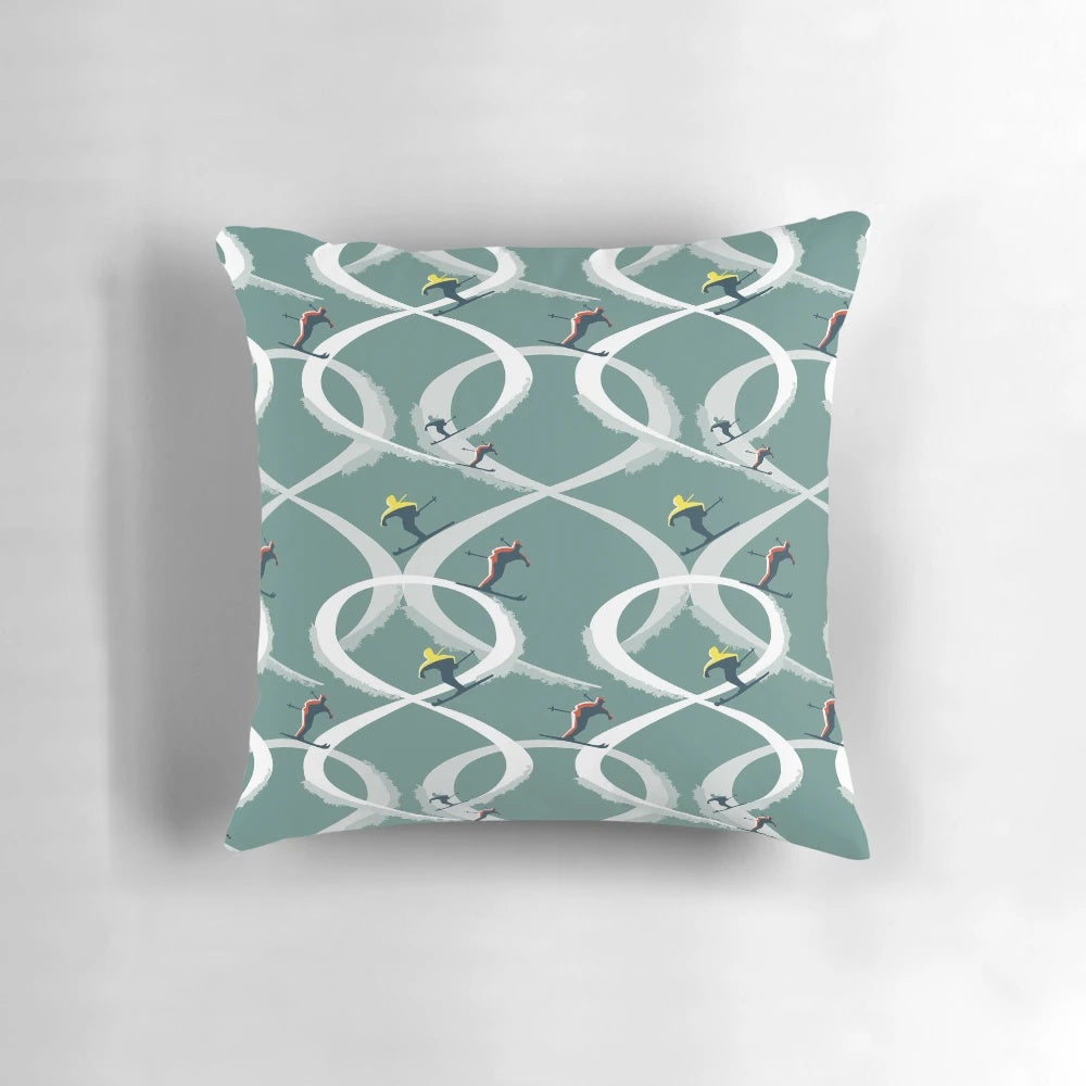 Vintage-style illustration of two skiers on a teal mid century modern throw pillow