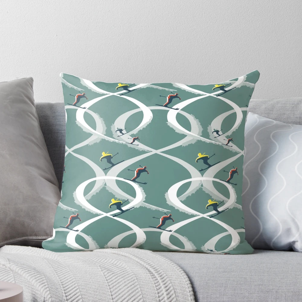 Vintage-style illustration of two skiers on a teal mid century modern throw pillow