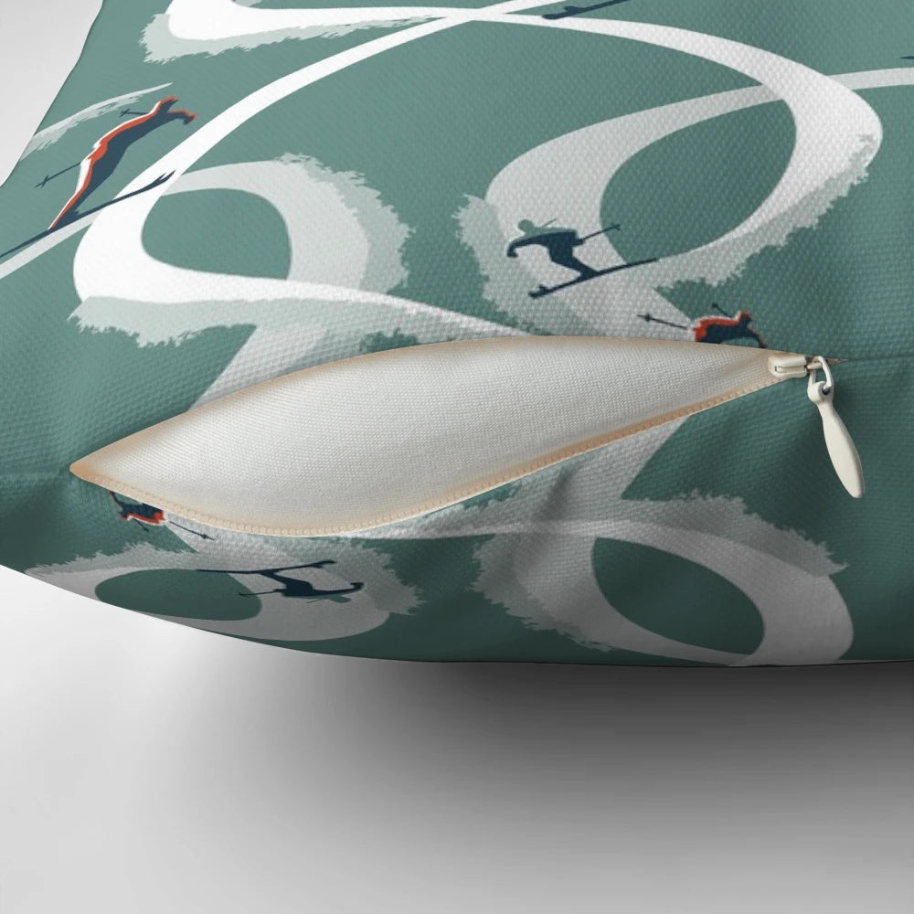 Vintage-style illustration of two skiers on a teal mid century modern throw pillow